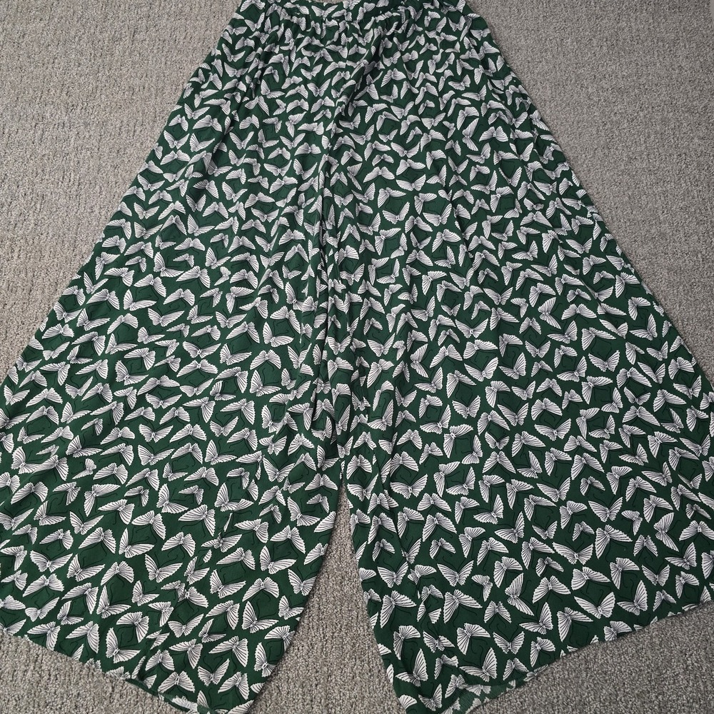 Anthropologie Maeve Acker M Green Butterfly Wide Leg Pants Boho Whimsical